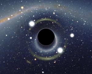 Gravitational distortions caused by a black hole in front of the Large Magellanic cloud.