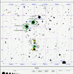 This detailed star chart shows the stars and deep sky objects around the three stars of Orion's belt. Degrees of declination are marked along the sides while hours and minutes of right ascension are along the top and bottom.
