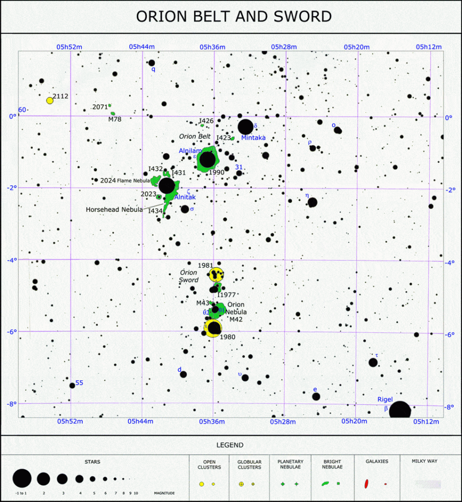 This detailed star chart shows the stars and deep sky objects around the three stars of Orion's belt. Degrees of declination are marked along the sides while hours and minutes of right ascension are along the top and bottom.