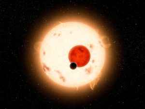 An artist's concept of the Kepler-16 system, the discovery of the first planet orbiting a multiple star. Image credit: NASA/JPL-Caltech