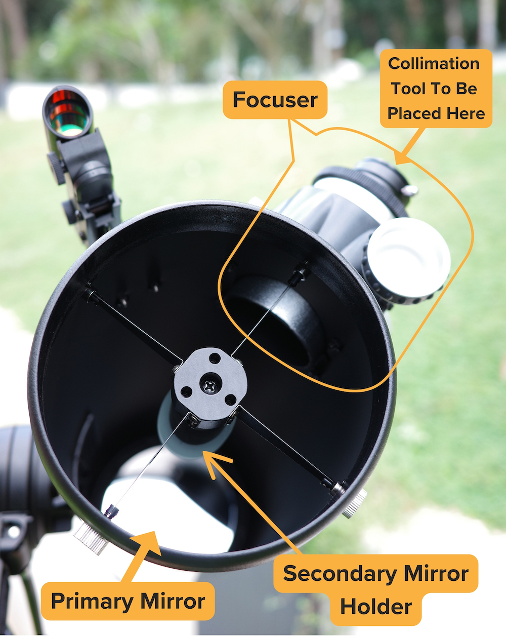 Major parts marked of a reflector telescope that is needed for collimation