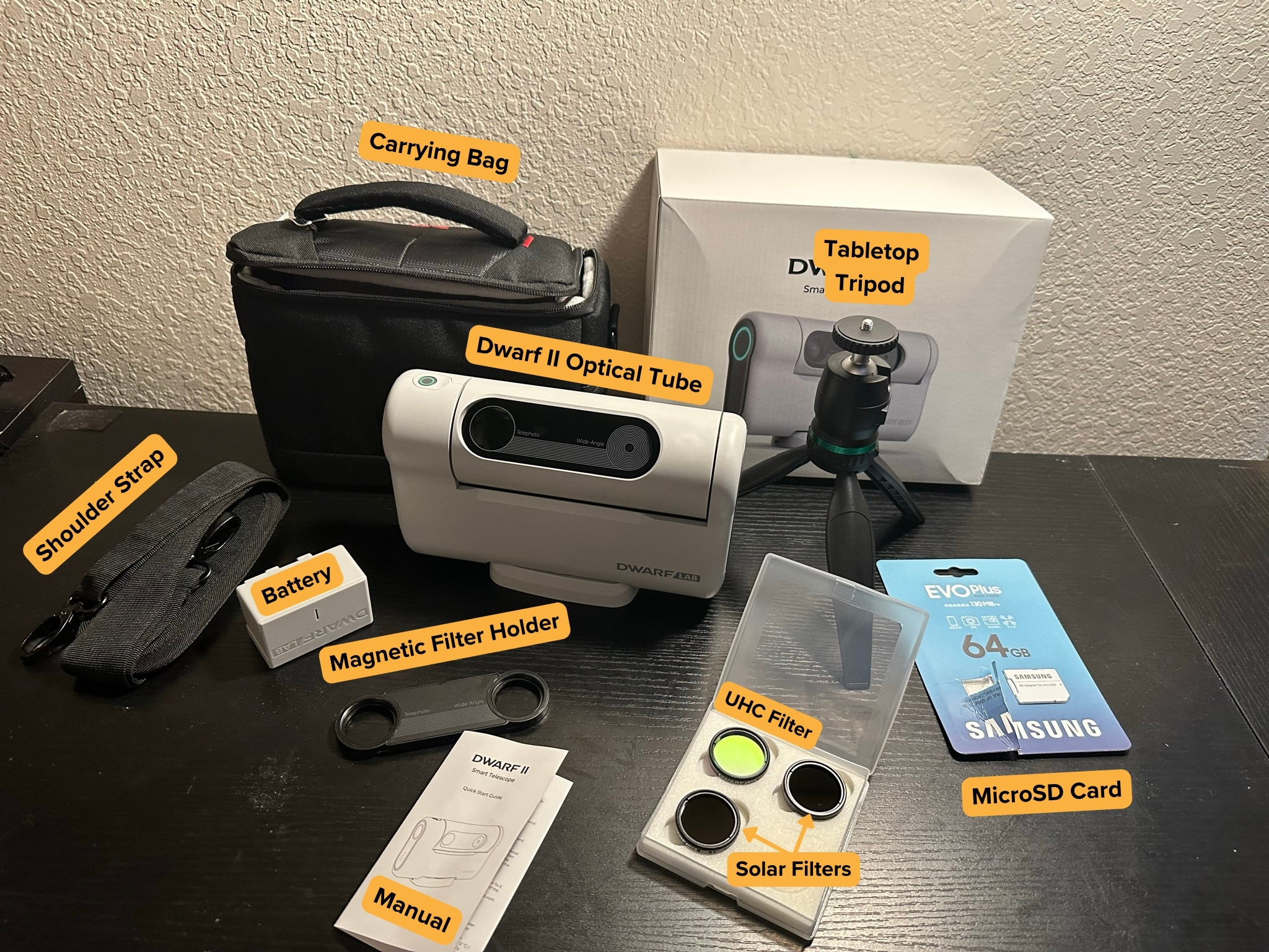 Belt, carry bag, tripod, microSD card, filters and starting quick guide that came with Dwarf II