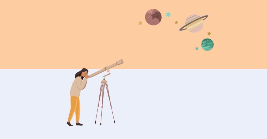 Sketch of a telescope user viewing planets