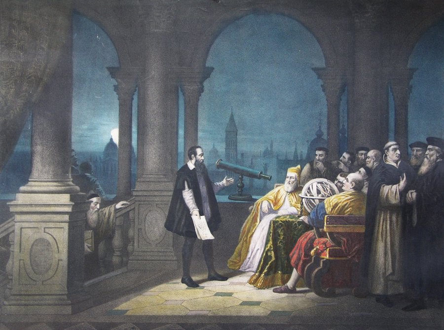 Painting by H.J Detouche of Galileo Galilei displaying his telescope to Leonardo Donato and the Venetian Senate. 