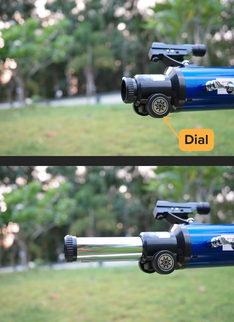 A rack and pinion focuser fully racked in and racked out positions